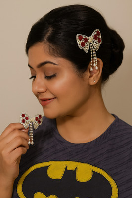 HNB23 Golden Bow Design Hair Brooch with Red Roses & Pearl Chains – Fancy Party Wear Hair Accessory Set(Multicolor)