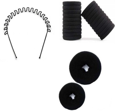 Sharum Crafts 20pc black hair band 1pc zig zag hair band & 2 Hair Donut Hair Accessory Set(Black)