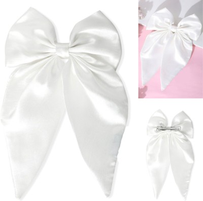 Rhosyn Satin Layer Long Ribbon White Bow Hair Clip for Women Girls Hair Accessories x Hair Clip(White)