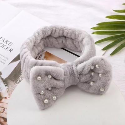 Sparkling Dazzle Women Fashion Soft Fluffy Bowknot Pearl Makeup Cosmetic Facial Elastic Headband Head Band(Pink, Grey, White)