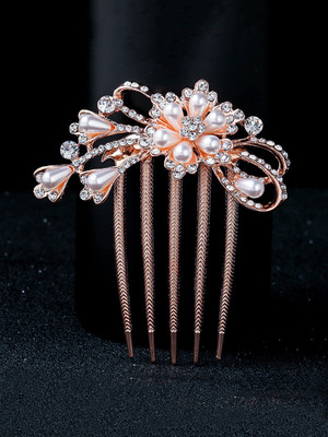 YELLOW CHIMES White crsytal and Pearl Beads Studded Floral design in Spark Comb Pin Hair Pin(Copper)