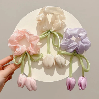 Balasundri Tulip Flower Bow Ribbon Scrunchie for Girls Trendy Satin Silk Elastic Hair Ties Hair Accessory Set(Multicolor)