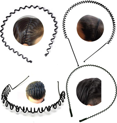 GRENZAFAB 4 Pcs Black Flexible Metal Wavy Spring Zig Zag For Unisex Men Women Hair Hoop Hair Band(Black)