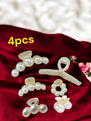 Blubby 4pcs Combo Fancy Stylish Pearl for Women Girls Hair Claw(White)