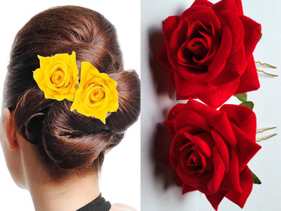 PSYCHFLORE Beautyfull Red Rose Pin & Yellow Rose Pin Combo Set Of 4/PSYHAS03 Hair Accessory Set(Multicolor)