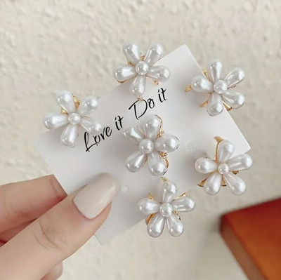 editrix Decorative Pearl Flower Korean Mini Hair Clip Claw For Hair Styling Pack of 5 Hair Claw(White)