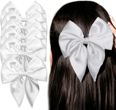 Anna Stella Korean style Large Satin Silk Hair Bow Ties Clips for girls (pack of 6) Hair Clip(White)