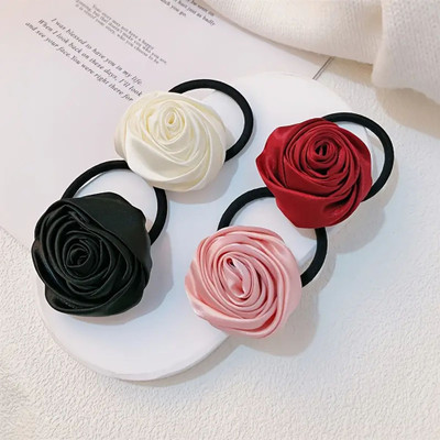 Ashkash 4pcs Elegant Satin Rose Flower Hair Ties Soft Fabric with Elastic Band Rubber Band(Multicolor)
