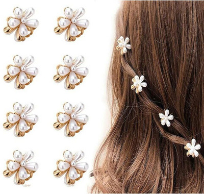 cinex Mini pearls and alloy material Hair Clips and Claw for Girls and Women Pack of 8 Hair Clip(White)