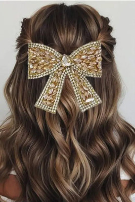 Dreamish Hair Accessories Stylish Rhinestone Golden Color Fancy Decor Hair Bow Clip. G Hair Clip(Gold)