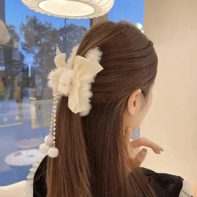Dreamish Hair Accessories Fancy Korean Faux Fur Hair Claw Clutchers with Pearl Tassel for Women Girls Hair Claw(White)