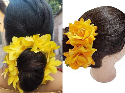 PSYCHFLORE YELLOW ORCHID WITH YELLOW ROSE PIN SET OF 3PC-T3 Hair Accessory Set(Yellow)