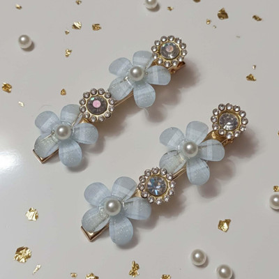 Alvero 2 Piece Elegant Floral Crystal & Pearl Hair Clips for Women, Shining Gold-Tone Hair Clip(Blue)