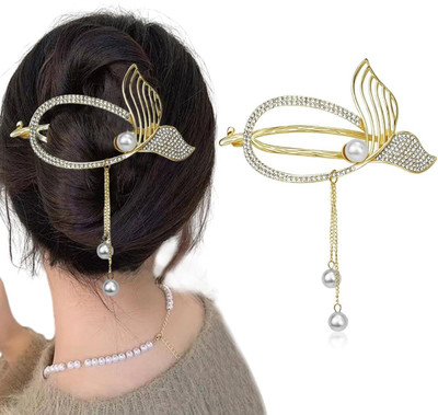 Rudra Hair Clip for Women Tassle Mermaid Tail Hair Claw Hair Bun Accessories Luxury Banana Clip(Gold, White)