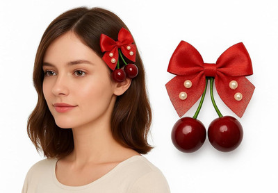Diversa Cherry & Pearl Hair Clip, Bowknot Design with Pearl for Girls & Women Hair Clip(Red)