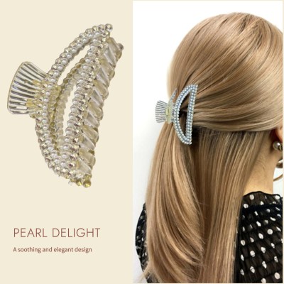 Fezzalo Premium Pearl and Stone Crescent Off White Large Hair Claw Clips/ Clutcher. Hair Claw(White)