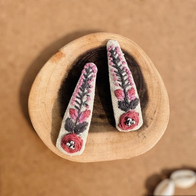 ReverseWheel Handmade Aesthetic Pastel Shade Embroidery One Pair Tic Tac Hair Clip Tic Tac Clip(Pink, Red, Grey, Silver)