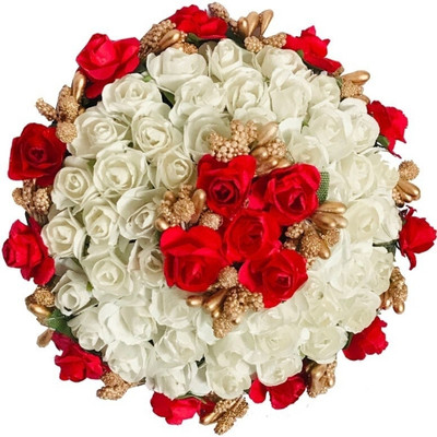 AROOMAN ™ New Artificial flower Full Juda Bun Hair Flower Gajra for Wedding and Parties Use for Women (Red & White Color Pack of 1) Hair Accessory Set(Multicolor)