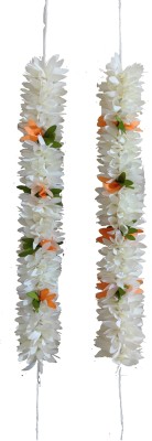 PSYCHFLORE 2PC White Jasmine Flower Fabric Gajra 10inch for Stunning Hairstyles Hair Accessory Set(White)