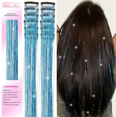 D-DIVINE 2Pcs  Tinsel Clip in  Tinsel Clips Glitter Tinsel (2Pcs SkyBlue) Hair Extension