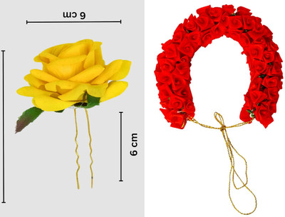 PSYCHFLORE RED ROSE GAJRA WITH YELLOW ROSE PIN SET OF 2 PC-Y4 Hair Accessory Set(Multicolor)