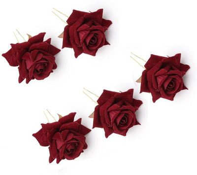 El Cabell 5pcs Women's Fabric Maroon Rose Flower hair Pin For Party and Function Use Hair Pin(Maroon)