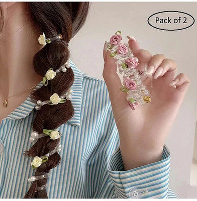 EvoNest Set of 2 Floral Ponytail Holders – Pink & White Elastic Hair Bands (6Y) Hair Band(Pink, White)