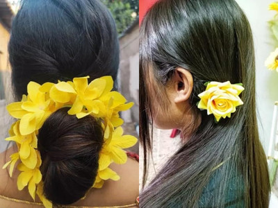 PSYCHFLORE YELLOW ORCHID WITH YELLOW ROSE PIN SET OF 2PC-S Hair Accessory Set(Yellow)