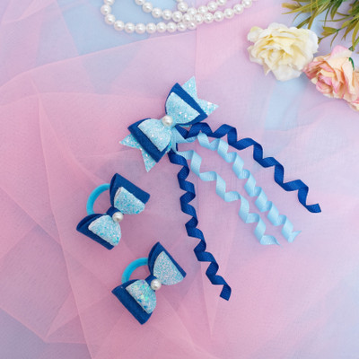 RibbonCandy Set of 1 pair Rubberbands with Fancy Bow - Blue, 1 Dangler on Alligator clip Rubber Band(Blue)