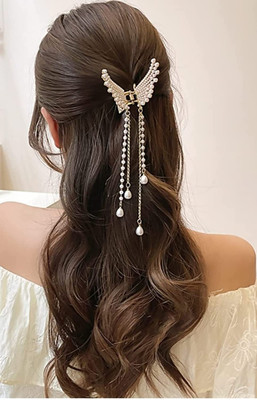 TrendSetter Golden Pearl Butterfly Metal Hair Clip/Claw/Clutcher with Tassel for girls/Women Hair Claw(Gold)