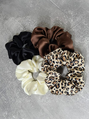 HUMMANBRID Animal Print Hair Scrunchies Silk Satin Hair Tie for Women/Girls Pack of 4 Rubber Band(Brown, White, Black)