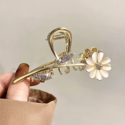glamvibe Korean Metal T Clutcher With White Flower&Stones Wedding&Party Fancy Women Clips Hair Claw(Gold)