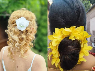 PSYCHFLORE YELLOW ORCHID WITH WHITE ROSE PIN SET OF 2PC-R3 Hair Accessory Set(Multicolor)