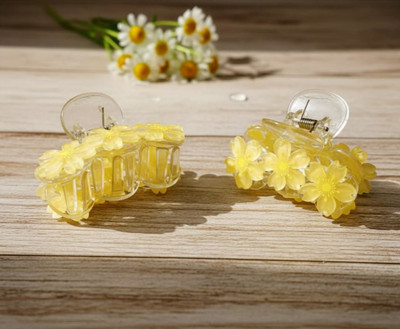 house of common Glossy Flower Strong Grip Non-slip Hair Clip for Girls Pack of 2 Hair Clip(Yellow)