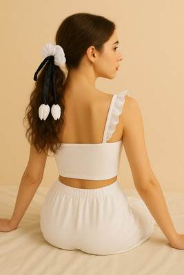 hautehandles Premium White Satin Tulip Scrunchie with Ribbon Tails for Women Rubber Band(White)