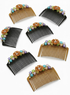 BHARATGAURAV Hair Side Combs Multi Colorful Crystals Pearls pack of 6 hair combo(Brown, Black)