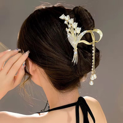 glam bands Korean Pearl Flower Large Clutcher Wedding&Party Fancy Hairstyle Girl&Women Clip Hair Claw(Gold)