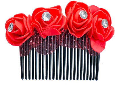 AROOMAN ™ Artificial flower Fancy Juda Comb clip/Bun Comb Hair Flower Comb for Wedding and Parties Use for Women (Red Color Pack :-1) Hair Accessory Set(Red)