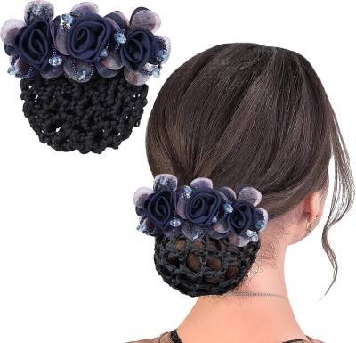 HANNEA Floral Hair Snood Net, Barrette Hair Bun Cover, Rhinestone Hair Bun Clips Hair Clip(Blue)