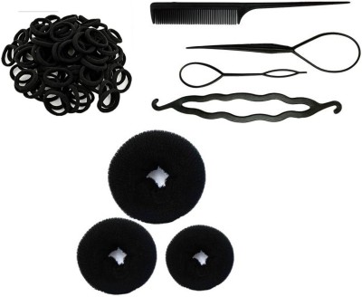 Sharum Crafts Juda Cover 1 4pc Comb Set & Hair Donut 3pc Hair Accessory Set(Black)