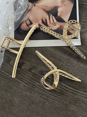 krelin Set of 3 Large Metal Claw Clips Hair Accessory Set(Gold)