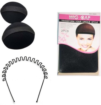 Sharum Crafts 1pc zig zag hair band 2pc Hair Volumizer & wig cap Hair Accessory Set(Black)