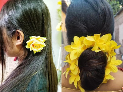 PSYCHFLORE YELLOW ORCHID WITH YELLOW ROSE PIN SET OF 2PC Hair Accessory Set(Yellow)