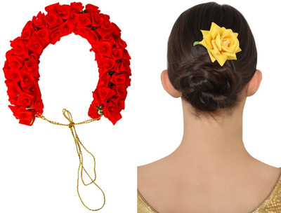 PSYCHFLORE RED ROSE GAJRA WITH YELLOW ROSE PIN SET OF 2 PC-T0 Hair Accessory Set(Multicolor)