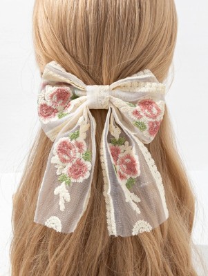 VSAKSH Large White Lace Flower Embroidery Bow Hair Clip With Ribbon Hair Clip(Multicolor)