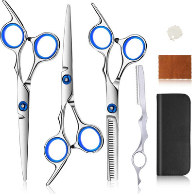 HASTHIP Full Set Hair Cutting Scissors Professional Hair Dressing Scissors Barber Kit Scissors(Set of 3, Silver)
