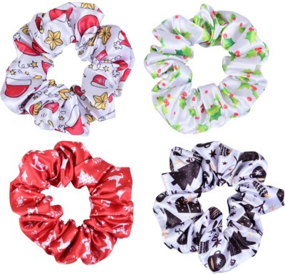 NNR Pack of 4 Christmas Theme Print Satin Silk Hair Scrunchies Multicolor3 Rubber Band(Multicolor)