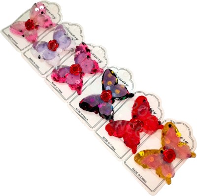 SENECIO 6Pc Red Rose Flower Sequin Embellished Organza Butterfly Barrettes Cushion Pins Hair Clip(Red, Pink, Yellow, Multicolor)