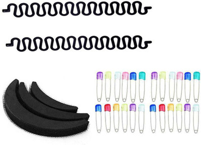 Sharum Crafts 2pc French Choti Maker 3pc puff set & 24 Multi Safety Pin Hair Accessory Set(Black)