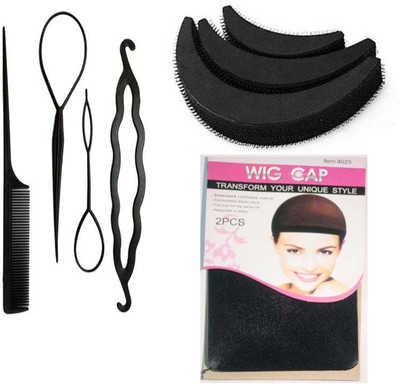 Sharum Crafts 3pc puff set 4pc Combo set & wig cap Hair Accessory Set(Black)